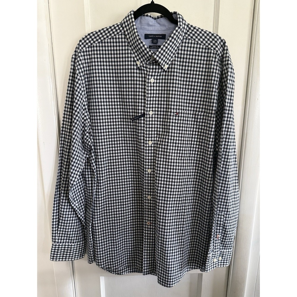 Tommy Hilfiger NWT Classic Fit Button Up Shirt Mens XL Black Gingham LS The Flex